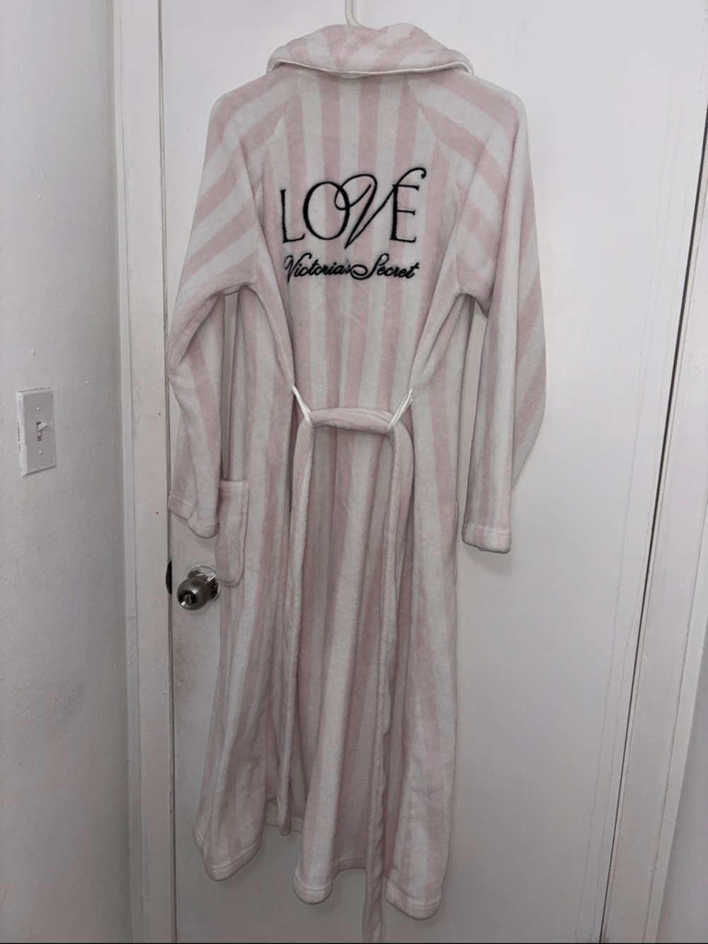 Victoria's Secret Pink & White Striped Plush Robe with LOVE Embroidery